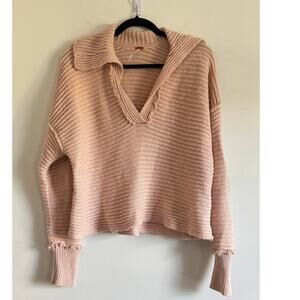 Free‎ People Ribbed Knit Collared Sweater XS Peachy Pink Distressed Boho
